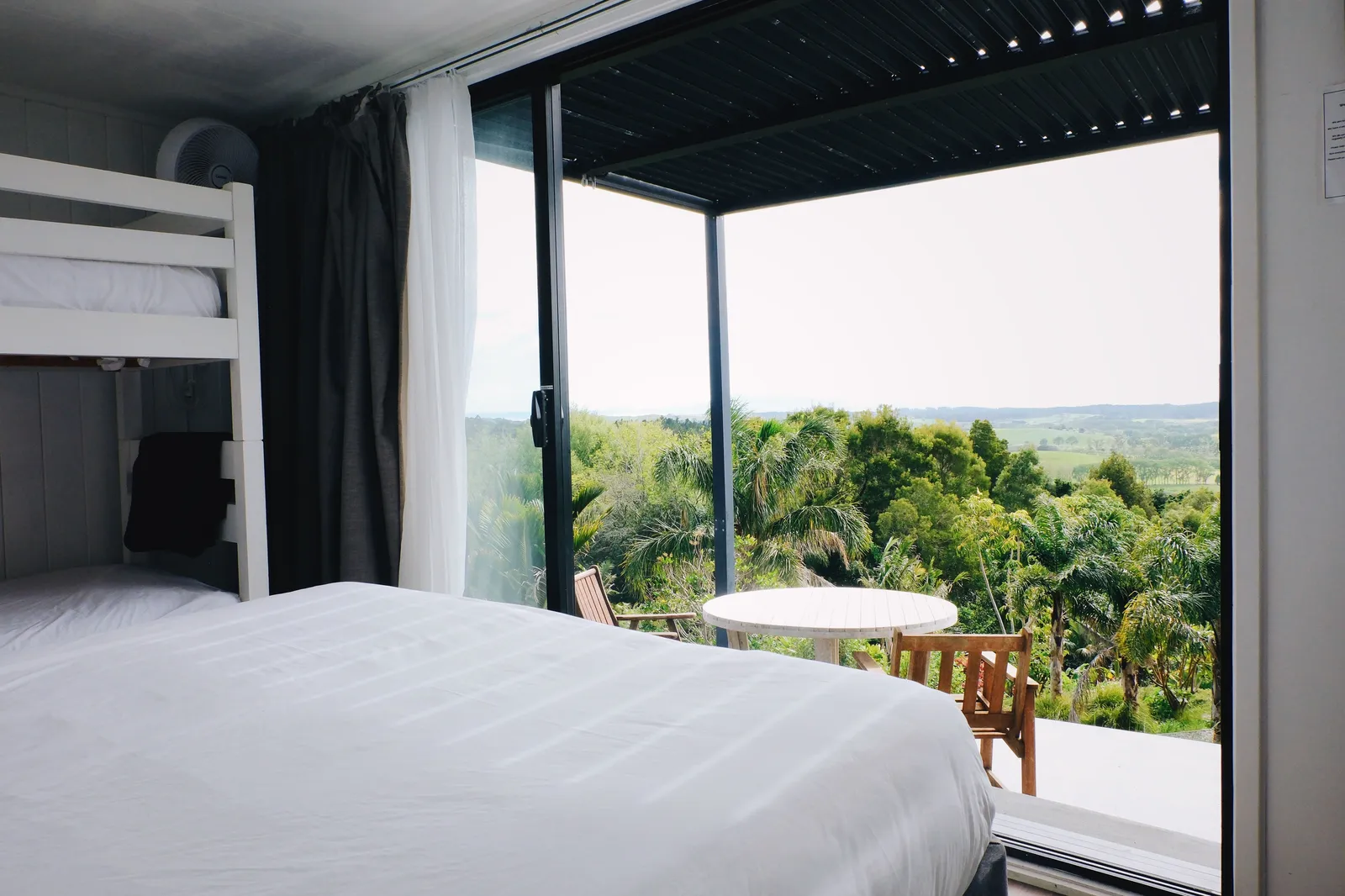 Eco pod bed looking out to the ocean
